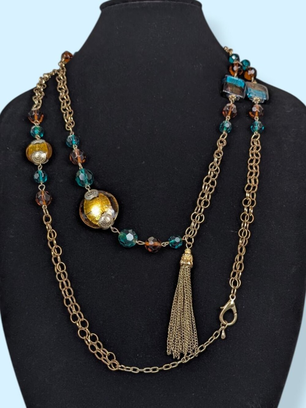 Long Colourful Art Glass Accented Chain Necklace